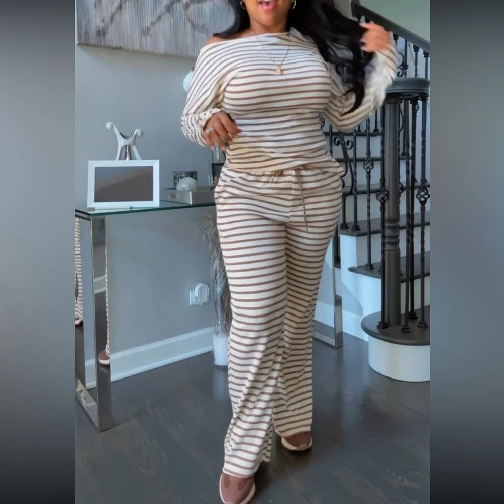 Striped Two-Piece Loungewear Set in Cream and Brown - Picture 4 of 9